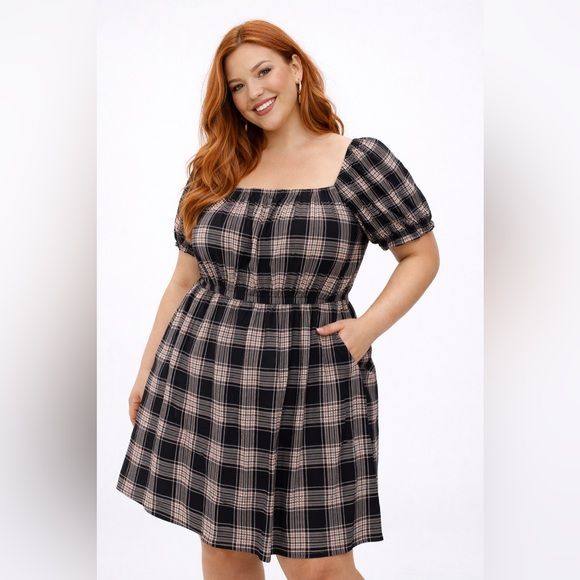 Torrid Black & Brown Plaid Puff Sleeve Mini Challis Dress, Large, NWT! - Picture 8 of 16